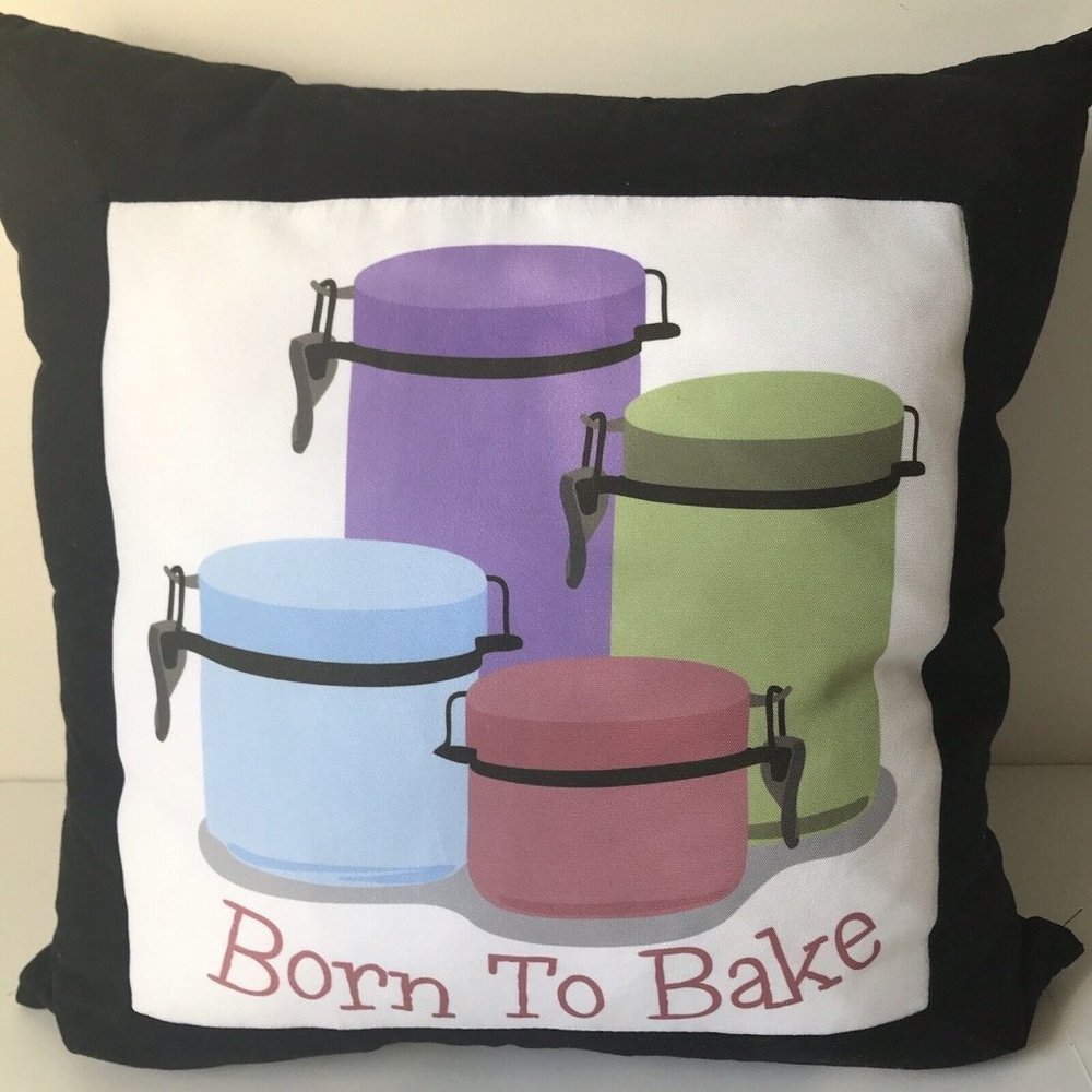 Born to Bake black throw square pillow colorful kitchen canister graphic 17"x16"